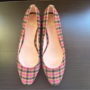 J.Crew Plaid Ballet Flats Women’s Size 7 Pink Yellow Black Wool Blend Preppy